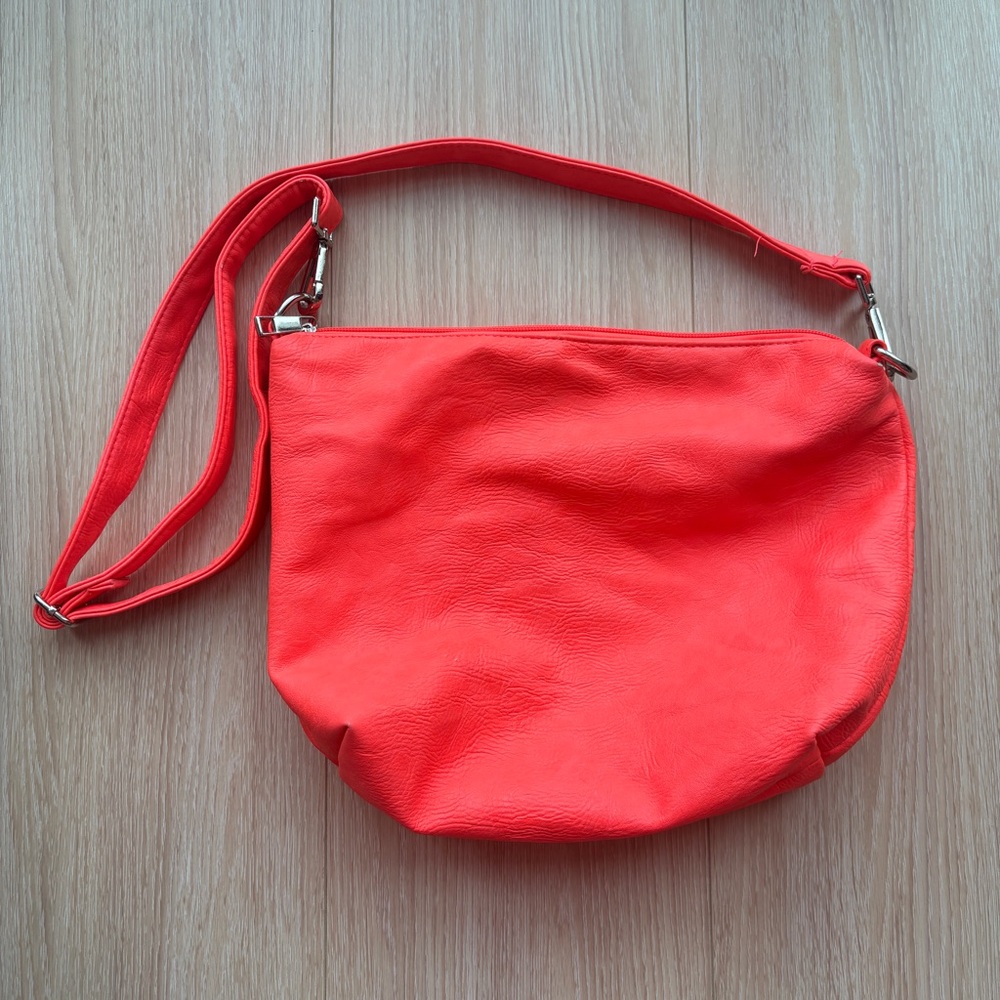 Neon Vibrant orange Women Faux Leather Crossbody Bag zipper and pocket